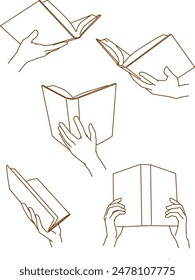 set of hands holding book on white background