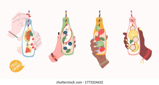 Set of hands holding bottles with friut drinks. Summer detox. Trendy vector illustration.