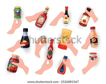 A set of hands holding bottles and jars of a variety of sauces and condiments, showing off a vibrant selection perfect for adding flavor to a variety of dishes