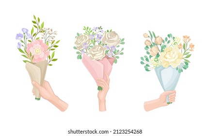 Set of hands holding bouquet of beautiful blooming flowers vector illustration