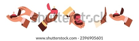 Set of hands holding boxes with engagement rings, flat vector illustration isolated on white background. Marriage proposal acceptance and denial. Concepts of love and relationship.