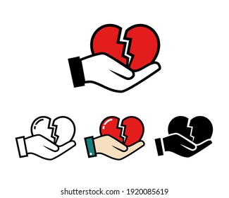 Un conjunto de manos sosteniendo un corazón roto. Amor roto. Corazón, dolor de corazón. Vector de ilustración