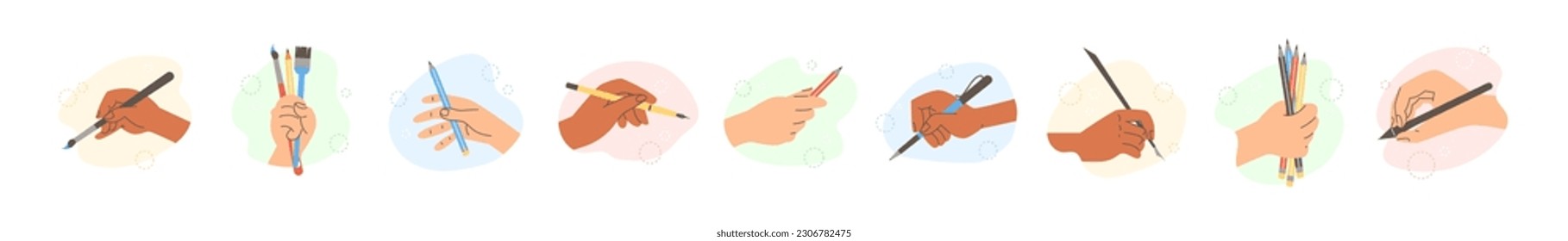 Set of hands holding brushes and pencils flat style, vector illustration isolated on white background. Abstract shapes, design elements collection, artist, painting