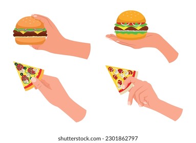 Set of hands holding burgers, pizza in cartoon style. Vector illustration of delicious pieces of pizza and burgers with different toppings holding hands isolated on white background. Fast food.