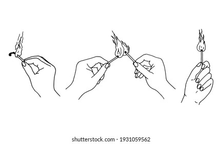 Set with hands holding burning matches. In various poses. Vector illustration drawn by contour in doodle style.