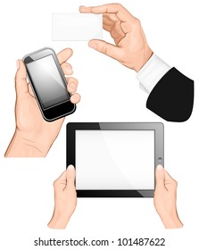 Set of hands holding business card, pc tablet,  mobilephone. vector illustration