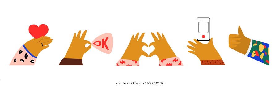 Set of hands holding camera or phone, giving likes, thumb up, heart shape gesture, Ok sign. Flat doodle illustration in cute cartoon style, isolated