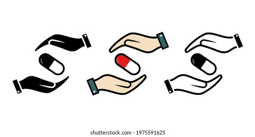 Set of hands holding capsule pill  icon. Medical treatment. Healthcare. Illustration vector
