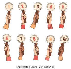 Set of hands holding cards with the number of points scored in a competition. Flat vector illustration.