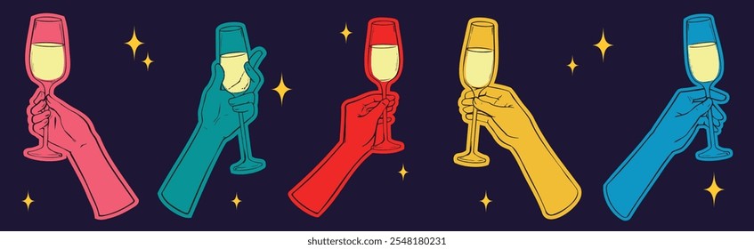 Um conjunto de mãos segurando champanhe bebe copos de gestos diferentes, vetor plano desenhado à mão Cheers coleção de elementos para o Natal, festa de celebração de aniversário