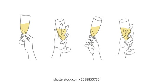 Conjunto de mãos segurando flautas de champanhe. Ilustração moderna minimalista com contorno preto simples e cor amarela isolada no branco. Celebrando e brindando em uma ocasião especial