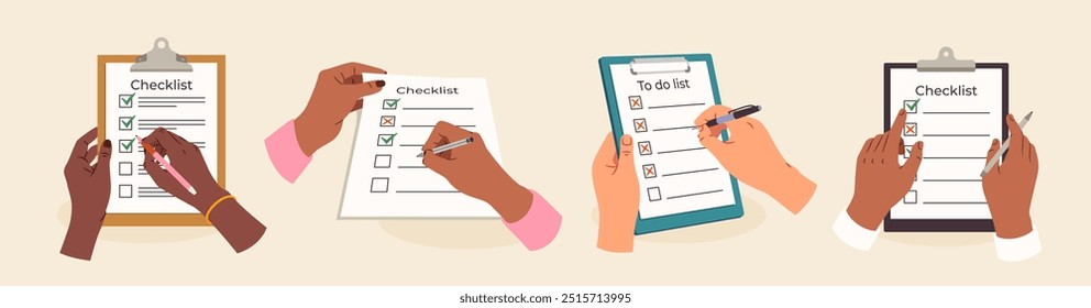 Set of hands holding checklist. Characters filling to do list, questionnaire or control list in notebook. Productivity or Survey concept. Flat vector illustration collection isolated on background
