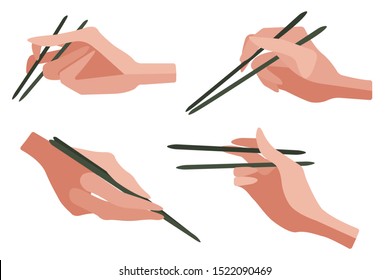 A set of hands holding Chinese sushi sticks. Different hand positions. Vector illustration