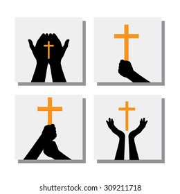 set of hands holding Christian cross - vector icons. this also represents people praying to God, seeking blessings from Jesus