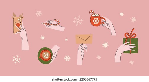 Set Hands holding Christmas and New year stuff. Different holiday hands with cup, alcohol bottle, gift box, champagne glass, snowflake, etc. Hand drawn Vector illustration. All elements are isolated