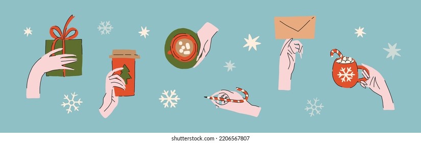 Set Hands holding Christmas and New year stuff. Different holiday hands with cup, alcohol bottle, gift box, champagne glass, snowflake, etc. Hand drawn Vector illustration. All elements are isolated