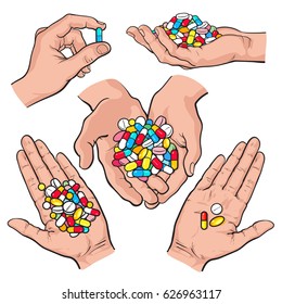 Set of hands holding colorful pills, tablets, sketch style vector illustration on white background. Hand drawn hands holding piles of multicolored pills, capsules, tablets in open palm, by two fingers