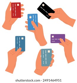 Set of hands holding colorful plastic credit card. Different gestures. Wireless payment concept