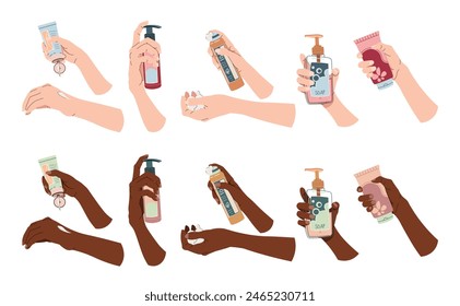 Set of hands holding cosmetic bottles. Natural women's cream, lotion, oil for skin care and moisturizing. Vector women's hands hold packaging of care cosmetics. Vector flat illustration