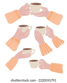Set of hands holding cups of coffee. Coffee lover, coffee break concept. Hand drawn vector illustration