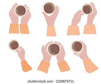 Set of hands holding cups of coffee. Top view. Coffee lover, coffee break concept. Hand drawn vector illustration