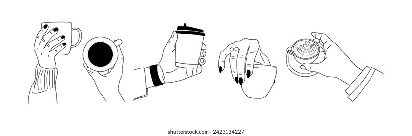 Juego de manos sosteniendo tazas con café y té.