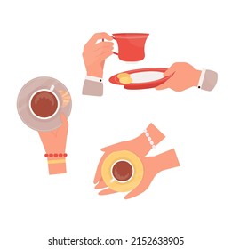 Set of hands holding cups with hot drinks (coffee, tea). Vector illustration win flat cartoon style.