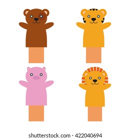 Set of hands holding different animal puppets on a white background