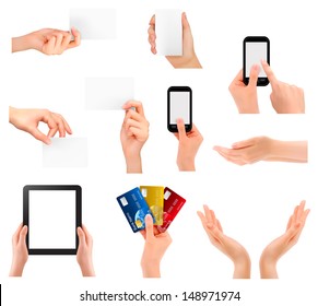 Set of hands holding different business objects. Vector illustration 