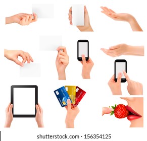 Set of hands holding different business objects. Vector illustration