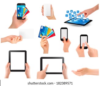 Set of hands holding different business objects. Vector illustration