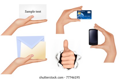Set of hands holding different business objects. Vector illustration