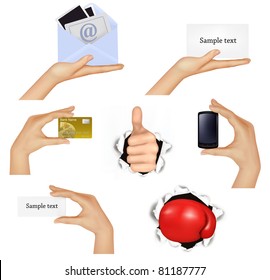 Set of hands holding different business objects and red boxing glove. Vector illustration.