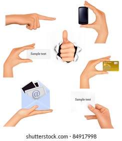 Set of hands holding different business objects. Vector illustration