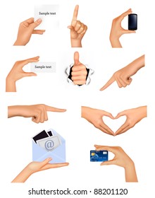 Set of hands holding different business objects. Vector illustration