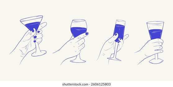 A set of hands holding different drinking glasses. Hand-drawn monochrome ink illustration. Vector