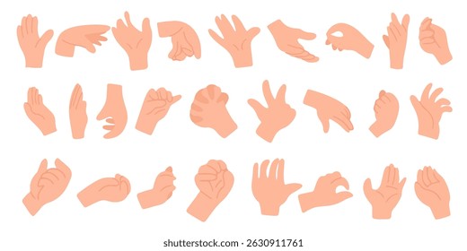 Set of hands holding different objects in cartoon style. Vector illustration of hands holding pen. bottles