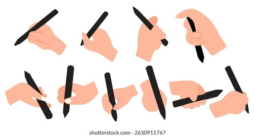 Set of hands holding different objects in cartoon style. Vector illustration of hands holding pen. bottles