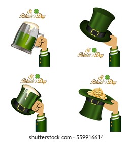 Set of hands holding different objects, Patrick's day vector illustration