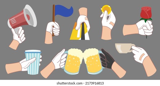 Set Of Hands Holding Different Objects,Different Poses Hands.Hand Holding Megaphone, Credit Cards, Coins, Coffee Mugs, Beer Mugs, Roses, Flags