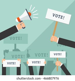 Set of hands holding different signs. Voting concept. Vector illustration.