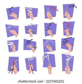 Set of hands holding different tools for drawing curvy line set. Vector illustrations of painting artists. Cartoon arms of painters in purple shapes isolated on white. Calligraphy, art concept