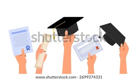 Set of hands holding diplomas, mortarboard hats and certificates, graduation celebration in flat design. Happy students celebrating graduate from college, university