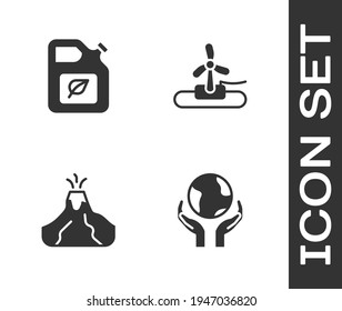 Set Hands holding Earth globe, Bio fuel canister, Volcano eruption with lava and Wind turbine icon. Vector