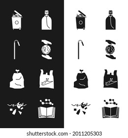 Set Hands holding Earth globe, Drinking plastic straw, Trash can, Bottle of liquid soap, Garbage bag, Dead bird,, Open book and Problem pollution planet icon. Vector
