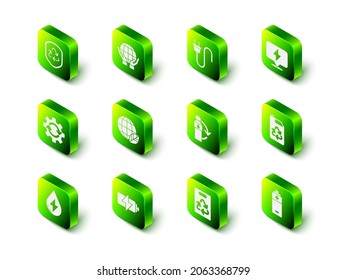 Set Hands holding Earth globe, Electric plug, Lightning bolt, Eco fuel canister, Battery, Recycling plastic bottle, Paper bag with recycle and  icon. Vector