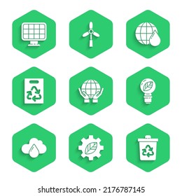 Set Hands holding Earth globe, Leaf plant gear machine, Recycle bin with recycle, Light bulb leaf, Cloud rain, Paper bag, planet water drop and Solar energy panel icon. Vector