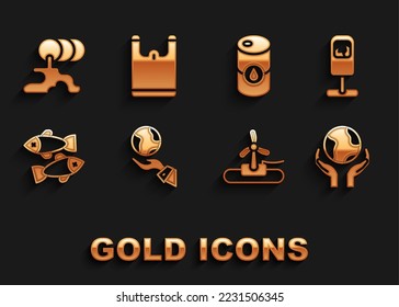 Set Hands holding Earth globe, Trash can, Wind turbine, Dead fish, Barrel oil, leak and Plastic bag icon. Vector