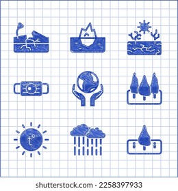 Set Hands holding Earth globe, Cloud with rain, Deforestation, Forest, Sun, Medical protective mask, Drought and Earthquake icon. Vector