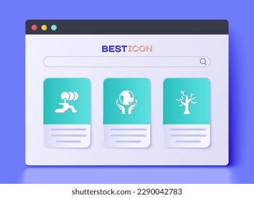Set Hands holding Earth globe, Barrel oil leak and Withered tree icon. Vector